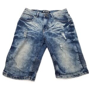 Encrypted Mens 30 Denim Biker Shorts Distressed Moto Streetwear Blue Jean